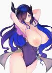  1girl armpits arms_behind_head black_hair blue_eyes blue_hair blush breasts broken_horn brown_dust_2 colored_inner_hair covered_navel demon_girl eclipse_(brown_dust_2) eyebrows_hidden_by_hair feet_out_of_frame groin hair_over_one_eye horn_ornament horn_ring horns large_breasts leotard long_hair looking_at_viewer multicolored_hair nipples purple_leotard ruzyeria sideboob simple_background smile solo two-tone_hair white_background 