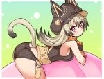  1girl :o animal_hat ball belt black_gloves black_hair black_panties black_shirt breasts brown_belt butt_crack cat_girl cat_hat cat_tail commentary cougar_(cougar1404) exercise_ball from_side gloves gradient_hair grey_hair hat interlocked_fingers key_(cougar1404) leaning_forward long_hair looking_at_viewer medium_breasts multicolored_hair open_mouth orange_scarf original own_hands_together panties red_eyes ribbed_panties ribbed_shirt scarf shirt sitting sleeveless sleeveless_shirt solo straddling sweatdrop tail underwear 