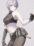  1girl bare_shoulders belt blush fingerless_gloves gloves highres looking_at_viewer navel short_hair shorts solo standing stomach tagme tomo_gento tower_of_fantasy wanderer_(tower_of_fantasy) white_hair 