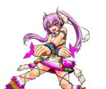  1girl bare_shoulders beatmania_iidx breasts crossed_arms goli_matsumoto headphones long_hair medium_breasts mizushiro_celica multicolored_clothes multicolored_nails official_art open_mouth pink_eyes pink_hair skirt smile solo thighs twintails 