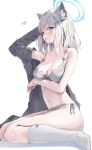  1girl animal_ear_fluff animal_ears ass blue_archive blue_eyes blue_halo blush bra breasts cleavage coat collarbone cross_hair_ornament extra_ears grey_bra grey_coat grey_hair grey_panties grey_skirt hair_ornament halo heart highres huwari_(dnwls3010) looking_at_viewer medium_breasts medium_hair open_mouth panties pleated_skirt shiroko_(blue_archive) simple_background skirt socks solo underwear unworn_skirt white_background white_socks wolf_ears 