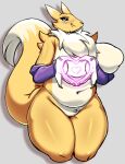  anthro bandai_namco big_breasts black_sclera blue_eyes breasts digimon digimon_(species) fangs female fur gesture grey_background hand_heart heart_symbol hi_res huge_breasts hybrid looking_at_viewer navel oppai_heart raised_tail renamon shadow simple_background slightly_chubby smile solo southger standing tail teeth thick_thighs wide_hips yellow_body yellow_fur 