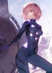  1girl alternate_costume black_bodysuit bodysuit breasts commentary crossover fate/grand_order fate_(series) floating_hair hair_between_eyes hair_over_one_eye highres holding holding_shield impossible_bodysuit impossible_clothes looking_to_the_side lord_camelot_(fate) mash_kyrielight medium_breasts multicolored_bodysuit multicolored_clothes neon_genesis_evangelion open_mouth parted_lips pilot_suit pink_eyes pink_hair plugsuit purple_bodysuit revision shield short_hair siino simple_background solo teeth 