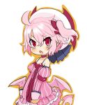  1girl ahoge anini collar cowboy_shot demon_girl demon_tail detached_sleeves disgaea dress highres looking_at_viewer majolaine_(disgaea) makai_senki_disgaea_6 pink_dress pink_hair pink_wings pointy_ears red_eyes side_ponytail striped_clothes striped_dress tail white_background wings 