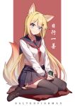  1girl absurdres animal_ears artist_name black_sailor_collar black_skirt black_thighhighs blonde_hair blue_eyes blush brown_footwear closed_mouth cup dated_commentary fox_ears fox_tail head_tilt highres holding holding_cup kitsune loafers long_hair long_sleeves looking_at_viewer neckerchief original pleated_skirt red_neckerchief sailor_collar saltedfishmax school_uniform serafuku shirt shoes sitting skirt smile solo tail thighhighs wariza white_shirt 