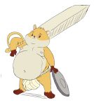  2024 afk_arena afk_journey anthro belly big_belly bulge clothing cricetid geuremon hamster lilith_games male mammal melee_weapon moobs navel nipples overweight overweight_male rodent shield simple_background smile solo sword underwear weapon white_background 