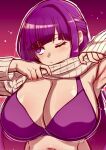  1girl blunt_bangs bra breasts clothes_lift fern_(sousou_no_frieren) gradient_background huge_breasts large_breasts long_hair naoillus navel one_eye_closed purple_bra purple_eyes shirt_lift simple_background sousou_no_frieren sweat sweater underwear upper_body 