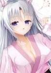  1girl absurdres animal_ear_fluff animal_ears blue_eyes blush breasts cleavage collarbone commentary eyes_visible_through_hair fingernails grey_hair hair_between_eyes hair_down half-closed_eyes hand_up highres japanese_clothes kiki0319i kimono large_breasts long_hair looking_at_viewer open_mouth pink_kimono senren_banka simple_background sleepy solo squeans straight_hair tomotake_yoshino upper_body white_background wide_sleeves wolf_ears 