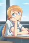  1girl absurdres bespectacled blue_eyes blue_sky classroom glasses hair_ornament hairclip head_rest highres indoors kousaka_kirino light_frown long_hair looking_at_viewer orange_hair ore_no_imouto_ga_konna_ni_kawaii_wake_ga_nai pink-framed_eyewear scarletsky school_uniform shirt short_sleeves sitting sky solo white_shirt window 