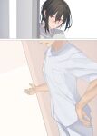  1boy 1girl black_hair commentary_request highres original pallad pants red_eyes shirogane_sumire_(pallad) shirt short_hair short_sleeves sweater t-shirt turtleneck turtleneck_sweater white_pants white_shirt white_sweater 