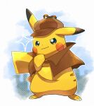  brown_capelet brown_hat capelet clothed_pokemon detective_pikachu detective_pikachu_(character) detective_pikachu_(game) full_body hat highres no_humans official_alternate_costume pikachu pokemon pokemon_(creature) roku_(rokkrn) solo standing yellow_fur 