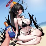  1boy 1girl bangs beach bikini black_bikini black_hair black_nails blue_archive blue_sky blurry blurry_foreground blush breasts burakku-ra cleavage flower full_body hair_flower hair_ornament highres large_breasts long_hair looking_at_viewer lotion nail_polish navel outdoors outstretched_arms pink_flower pink_rose ponytail red_eyes rose sand sandals seiza sitting sky smile sunscreen swimsuit tsurugi_(blue_archive) water white_flower white_rose wings yellow_flower yellow_rose 
