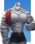  1boy abs absurdres animal_ears arknights bara broad_shoulders chest_tuft chizo_(chizo67) cowboy_shot facial_hair furry furry_male goatee highres huge_pectorals large_hands looking_at_phone male_focus mountain_(arknights) muscular muscular_male navel navel_hair neck_fur nipples phone scar scar_across_eye scar_on_arm short_hair short_shorts shorts solo standing stomach thick_arms thick_eyebrows tiger_boy tiger_ears topless_male v-taper white_hair 
