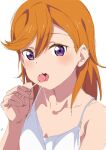  1girl candy food highres licking lollipop looking_at_viewer love_live! love_live!_superstar!! nagi_mkrnpn orange_hair purple_eyes shibuya_kanon shirt spaghetti_strap tongue tongue_out white_background white_shirt 