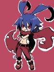  1boy anini antenna_hair belt blue_hair commentary crossed_arms demon_boy disgaea disgaea_d2 full_body hair_between_eyes highres laharl navel pants pointy_ears red_background red_eyes red_footwear red_pants red_scarf scarf shoes smile solo teeth topless_male 