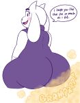  anthro big_butt blush boss_monster_(undertale) bovid brap brown_fart_cloud butt caprine clothing dialogue drawful-s fart female floppy_ears fur goat hi_res mammal pink_tongue purple_clothing purple_robe purple_speech_bubble purple_text robe simple_background snout solo sound_effects speech_bubble text thick_thighs tongue toriel undertale_(series) vowelless vowelless_sound_effect white_background white_body white_fur 