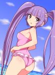  1girl ass blush breasts cloud cougar_(cougar1404) english_commentary long_hair looking_at_viewer open_mouth purple_hair solo sophie_(tales) swimsuit tail tales_of_(series) tales_of_graces twintails water 