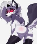 absurd_res anthro arm_tuft bare_butt blush bodily_fluids bubble_butt butt canid canid_demon canine canis cheek_tuft clothing demon facial_tuft female fur hellhound helluva_boss hi_res jesterwing leg_tuft legwear looking_at_viewer looking_back loona_(helluva_boss) mammal multicolored_body multicolored_fur mythological_canine mythological_creature mythology shoulder_tuft solo spank_marks stockings sweat sweaty_butt tail tuft wolf