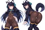  1girl :3 absurdres ahoge animal_ears ass_visible_through_thighs bent_over black_hair black_shirt blue_hair blush cameltoe cat_ears cat_tail covered_navel gradient_hair hair_ribbon hand_on_own_hip highres ichi-jirushi long_hair long_sleeves looking_at_viewer looking_back multicolored_hair puffy_sleeves red_eyes ribbon shirt sidelocks simple_background smile solo standing svartlilja_(vrchat) tail two-tone_hair vrchat vrchat_(medium) white_background wide_sleeves 