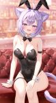  1girl :d absurdres alternate_costume animal_ear_fluff animal_ears bare_legs bare_shoulders black_bow black_bowtie black_leotard blue_hair blurry blurry_background blush bow bowtie breasts cat_ears cat_girl cat_tail cleavage collarbone colored_inner_hair couch detached_collar fake_animal_ears highres hololive large_breasts leotard looking_at_viewer multicolored_hair nekomata_okayu on_couch open_mouth playboy_bunny purple_eyes purple_hair rabbit_ears short_hair sitting smile solo tail thigh_strap togemaru34 two-tone_hair virtual_youtuber 