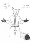 absurd_res anthro bottomwear canid canine clothing eyes_closed fox graphite_(artwork) hi_res male mammal necktie pants pencil_(artwork) shirt simple_background sketch smile solo some_(someone) spread_arms standing tail topwear traditional_media_(artwork) white_background work_uniform 