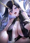  1girl after_kiss antlers armpit_crease azur_lane bare_shoulders black_dress black_hair blue_eyes blush breasts dress golden_hind_(azur_lane) hair_on_horn highres horns huge_breasts kai_(ootamuno12) looking_at_viewer mole mole_under_mouth navel open_mouth pov revealing_clothes saliva saliva_trail solo stomach suction_cups teeth tentacles tongue tongue_out 
