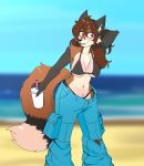  anthro bag baggy_jeans beach beverage black_bra black_clothing black_panties black_underwear blue_bottomwear blue_clothing blue_pants blue_sky blurred_background bottomwear bra brown_hair canid canine chromefox clothing container cup disposable_cup drinking_straw female fluffy fluffy_tail fox hair hi_res holding_beverage holding_object horizon lorelei_(chromefox) mammal oversized_bottomwear oversized_clothing oversized_pants panties pants red_eyes sand sea sky solo tail torn_bottomwear torn_clothing torn_pants underwear water 
