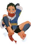  1boy arm_behind_head bangs barefoot bike_shorts black_hair black_shirt blue_jacket blush breath commentary_request full_body grey_eyes grin highres jacket leg_hold logo looking_at_viewer male_focus pokemon pokemon_(game) pokemon_legends:_arceus red_scarf rei_(pokemon) scarf shirt short_hair smile soles solo spiked_hair sweat teeth toenails toes transparent_background yaowu 