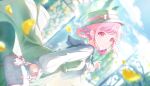  1girl bag blurry blurry_background blurry_foreground bow breasts day depth_of_field dress hat highres long_sleeves looking_at_viewer official_art ootori_emu outdoors pink_eyes pink_hair project_sekai solo 
