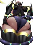 1girl armored_leotard ass ass_focus ass_grab ass_support back black_hair breasts close-up dark-skinned_female dark_skin from_behind glowing goddess_of_victory:_nikke grabbing_own_ass hand_on_own_ass headgear highres huge_ass indivilia_(nikke) large_breasts long_hair lower_body mommymilkers3k shiny_skin simple_background solo standing tail thighhighs thighs white_background 