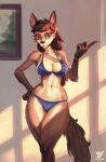  anthro bikini blue_bikini blue_clothing blue_swimwear breasts brown_body brown_fur brown_hair camel_toe canid canine canis clothing elbow_tufts eyebrows eyelashes female fur gesture green_eyes hacatiko hair hand_on_hip hi_res inner_ear_fluff inside looking_at_viewer mammal morning navel nipple_outline pose raised_finger raised_index_finger shoulder_tuft solo swimwear tan_body tan_fur thigh_gap tuft wolf 