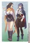  2girls ascot black_footwear black_hairband black_pantyhose black_skirt blue_cape blue_eyes blue_footwear blue_hair brand_of_the_exalt breasts brown_eyes brown_hair cape cleavage commission english_commentary fire_emblem fire_emblem_awakening fire_emblem_fates full_body garreg_mach_monastery_uniform hair_between_eyes hair_over_one_eye hair_ribbon hairband highres kagero_(fire_emblem) large_breasts long_hair long_sleeves looking_at_another lower_teeth_only lucina_(fire_emblem) multiple_girls mzrz pantyhose red_cape ribbon scarf shirt skirt small_breasts symbol_in_eye teeth two-tone_cape white_ascot white_ribbon white_shirt yellow_scarf 