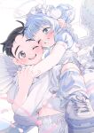  1boy 1girl ahoge angel angel_wings apron bandage_on_knee black_hair blue_dress blue_eyes blue_footwear blue_hair blue_socks blunt_bangs blurry blurry_foreground blush commentary_request cross_hair_ornament depth_of_field dot_nose double_bun dress face-to-face floating_clothes floating_hair frilled_apron frills gloves hair_bun hair_ornament hairpin halo hand_on_another&#039;s_hand heart heart_hair_ornament highres hug legs_together light_blue_hair looking_at_another loose_socks maid_apron maid_headdress midriff_peek miharu_(wolrero) mole mole_under_eye nichijou_kamoshirenai one_eye_closed original pants parted_lips pink_petals puffy_short_sleeves puffy_sleeves rabbit_hair_ornament shirt short_hair short_sleeves sidelocks signature sitting smile socks sora_(wolrero) standing striped_clothes striped_socks t-shirt tareme thick_eyebrows white_apron white_background white_footwear white_gloves white_halo white_pants white_shirt white_socks white_wings wings wolrero 
