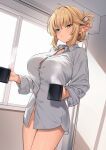  1girl aegis_(takunomi) ahoge blonde_hair breasts button_gap collared_shirt cup elf enjo_kouhai green_eyes highres holding holding_cup indoors large_breasts long_sleeves looking_at_viewer naked_shirt pointy_ears shirt short_hair solo standing takunomi thighs white_shirt window 