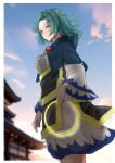  1girl absurdres aqua_hair architecture blue_hood blush breasts center_frills east_asian_architecture frills highres holding_hoop hood hood_down kesa kumoi_ichirin kuraki looking_at_viewer medium_breasts medium_hair outdoors sideways_glance solo touhou wide_sleeves 