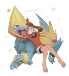  1girl bandana bangs barefoot bike_shorts brown_hair commentary_request fangs food food_on_face grin happy highres holding kikuyoshi_(tracco) knees knees_together_feet_apart long_hair manectric may_(pokemon) open_mouth pokemon pokemon_(creature) pokemon_(game) pokemon_rse red_bandana red_shirt shiny shiny_hair shirt short_sleeves signature skirt smile teeth toes tongue white_background white_skirt 