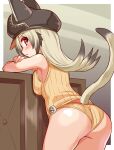  1girl animal_hat ass black_hair black_hat breasts cat_girl cat_hat cat_tail chest_of_drawers cougar_(cougar1404) cowboy_shot from_behind gradient_hair grey_hair hashtag-only_commentary hat key_(cougar1404) leaning_forward leaning_on_object long_hair looking_at_viewer looking_back medium_breasts multicolored_hair open_mouth orange_panties orange_shirt original panties red_eyes ribbed_panties ribbed_shirt shirt sleeveless sleeveless_shirt solo standing tail underwear 