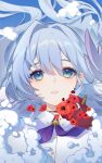  1girl absurdres aqua_eyes blue_hair collared_shirt floating_hair flower hair_between_eyes head_wings highres honkai:_star_rail honkai_(series) huang_tie_lin long_hair looking_at_viewer parted_lips purple_wings red_flower robin_(honkai:_star_rail) shirt solo tearing_up upper_body white_shirt white_wings wings 