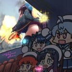  anchor ass beret black_hair black_panties blue_hair blue_hat breasts chain collaboration commentary_request crossover dated etorofu_(kancolle) ferret-san fukae_(kancolle) gloves glowstick godzilla_(series) godzilla_minus_one hat highres holding_glowstick kantai_collection large_breasts long_hair matsuwa_(kancolle) moke_ro movie_theater panties penlight_(glowstick) red_eyes red_hair rigging rudder_footwear sado_(kancolle) sailor_hat school_uniform serafuku short_hair skirt splashing spoilers takao_(kancolle) tears thighhighs turret twitter_username underwear walking walking_on_liquid watching white_gloves white_hat 