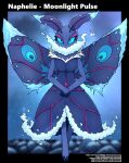 anthro arthropod black_nose blue_eyes blurred_background clothed clothing compound_eyes female flying ice insect lepidopteran moonlight_pulse moth nephelie_(moonlight_pulse) solo text vavacung wings 