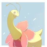  antennae blue_background border bright_pupils coconoketa colored_skin flower highres long_neck meganium no_humans open_mouth pink_flower pokemon pokemon_(creature) simple_background smile solo upper_body white_border white_pupils yellow_eyes yellow_skin 