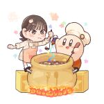  1girl blush brown_eyes brown_hair chibi cooking_pot hat highres hima_(hima11ry) hinatazaka46 kirby kirby_(series) neck_ribbon ribbon skirt tomita_suzuka 