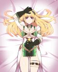  1girl absurdres armor bikini blonde_hair breasts demeter_(fate) dress fate/grand_order fate_(series) gloves green_bikini green_dress green_gloves head_wreath highres hyperbudd large_breasts long_hair looking_at_viewer on_bed purple_eyes shoulder_armor smile solo swimsuit 
