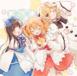  3girls blonde_hair blue_bow blue_dress bow brown_eyes brown_hair closed_eyes dress drill_hair drill_sidelocks fairy fairy_wings fang hair_bow hat juliet_sleeves long_hair long_sleeves luna_child multicolored_background multiple_girls nig_18 orange_hair puffy_sleeves red_eyes sash short_hair sidelocks star_sapphire sunny_milk touhou two_side_up white_dress white_hat wings 