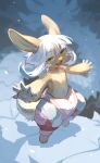  ambiguous_gender anthro clothed clothing corzh77 female fur glistening glistening_eyes green_eyes hair hi_res long_ears looking_at_viewer made_in_abyss nanachi open_mouth open_smile outside pink_clothing red_clothing red_tongue smile snow solo tan_body tan_ears tan_fur tongue white_clothing white_hair 