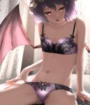  1girl arm_support backlighting bat_wings breasts curtains fangs hair_between_eyes half-closed_eyes hat highres indoors looking_at_viewer mob_cap navel on_bed open_mouth panties panty_pull purple_hair red_eyes remilia_scarlet short_hair sitting slit_pupils small_breasts solo spread_legs tama_(seiga46239239) thighs touhou underwear white_headwear window wings 