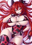  animal_ears animal_print bell bikini black_gloves breasts covered_navel cow_ears cow_print cow_print_bikini cow_tail cowbell fingerless_gloves gloves goddess_of_victory:_nikke highres horns large_breasts long_hair lying nail_polish on_back on_bed print_bikini red_hair red_hood_(nikke) red_nails sevie single_thighhigh swimsuit tail thick_thighs thigh_strap thighhighs thighs wide_hips yellow_eyes 