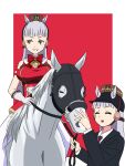  =_= animal_ears benjamin_(user_cajx4852) black_helmet black_jacket blunt_bangs bow bowtie clone collared_shirt cosplay creature_and_personification dress ears_through_headwear gloves gold_ship_(racehorse) gold_ship_(umamusume) grey_hair grin highres horse horse_ears horse_girl horseback_riding imanami_takatoshi imanami_takatoshi_(cosplay) jacket long_hair looking_to_the_side necktie pillbox_hat purple_eyes purple_necktie real_life red_background red_bow red_bowtie red_dress riding shirt simple_background sleeveless sleeveless_dress smile umamusume white_gloves white_shirt 