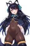  1girl :3 ahoge animal_ears ass_visible_through_thighs black_hair black_shirt blue_hair blush cameltoe cat_ears cat_tail covered_navel gradient_hair hair_ribbon hand_on_own_hip highres ichi-jirushi long_hair long_sleeves looking_at_viewer multicolored_hair puffy_sleeves red_eyes ribbon shirt sidelocks simple_background smile solo standing svartlilja_(vrchat) tail two-tone_hair vrchat vrchat_(medium) white_background wide_sleeves 