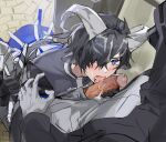  2boys animal_ears arknights black_hair blue_eyes blush breath cum cum_on_hair doctor_(arknights) english_commentary erection facial fellatio from_above gloves hair_between_eyes highres horns itsme_takk kneeling lessing_(arknights) licking licking_penis looking_at_another male_focus multiple_boys open_mouth oral penis sex short_hair steam white_gloves yaoi 